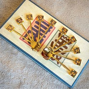 FONS, flatware, 5-spoons, 5-forks, gold plated flatware with enamel felines.